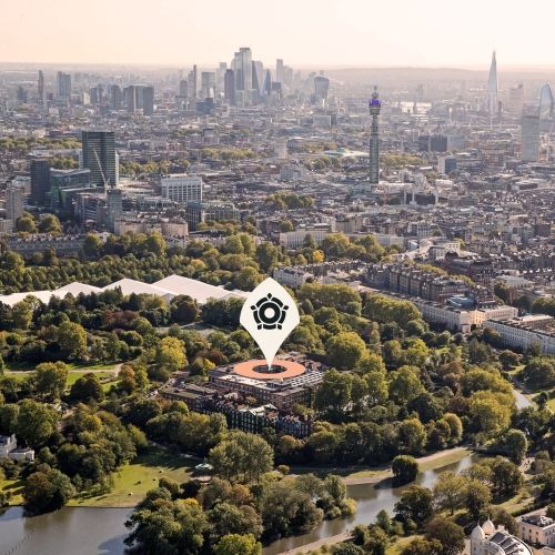 Birdseye view of London with the Regent's University London logo marking it's position