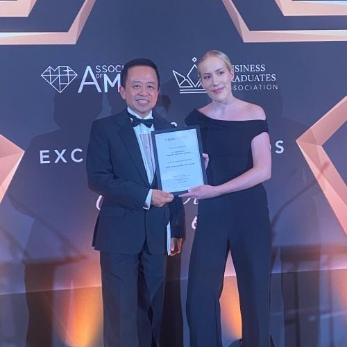 Liv Heinemann wins Highly Commended at AMBA & BGA Excellence Awards 2026 - photo of Liv and Vincent
